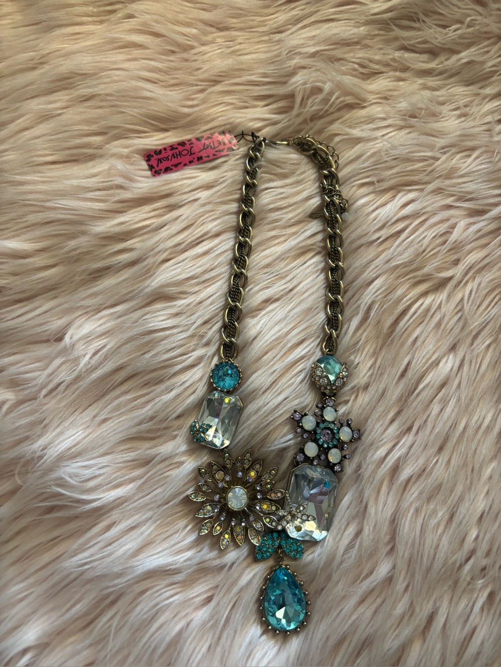 Betsey Johnson Teal and Clear Crystal Floral Statement Necklace